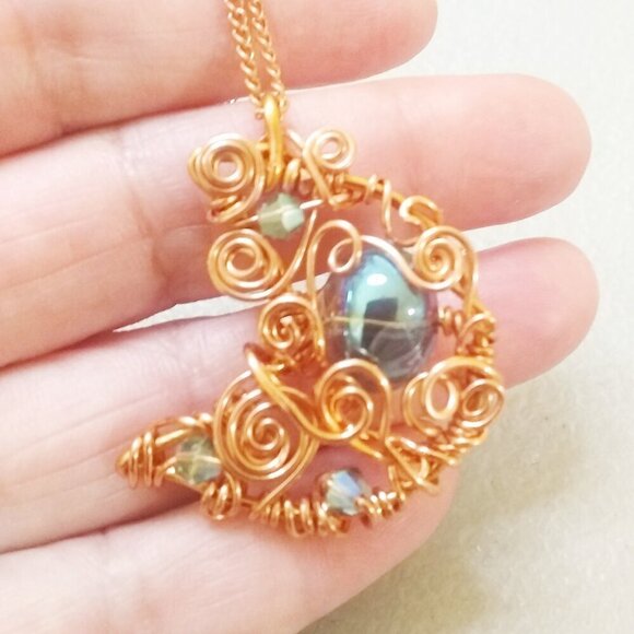 Uniquely Handmade & Wire Wrapped Copper Moon Pendant + Chain ~ Curlz + Swirlz! - Picture 3 of 9